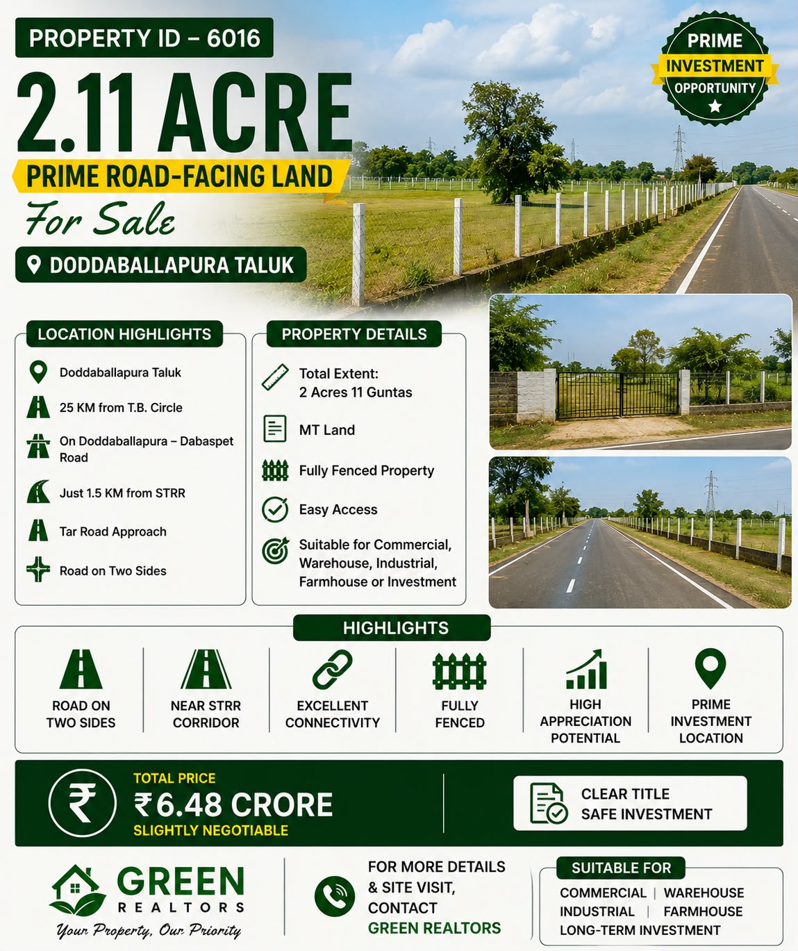 🆔 *PROPERTY ID – 6016* 🌿 *2.11 acre Prime Road-Facing Land for Sale – Doddaballapura Taluk*